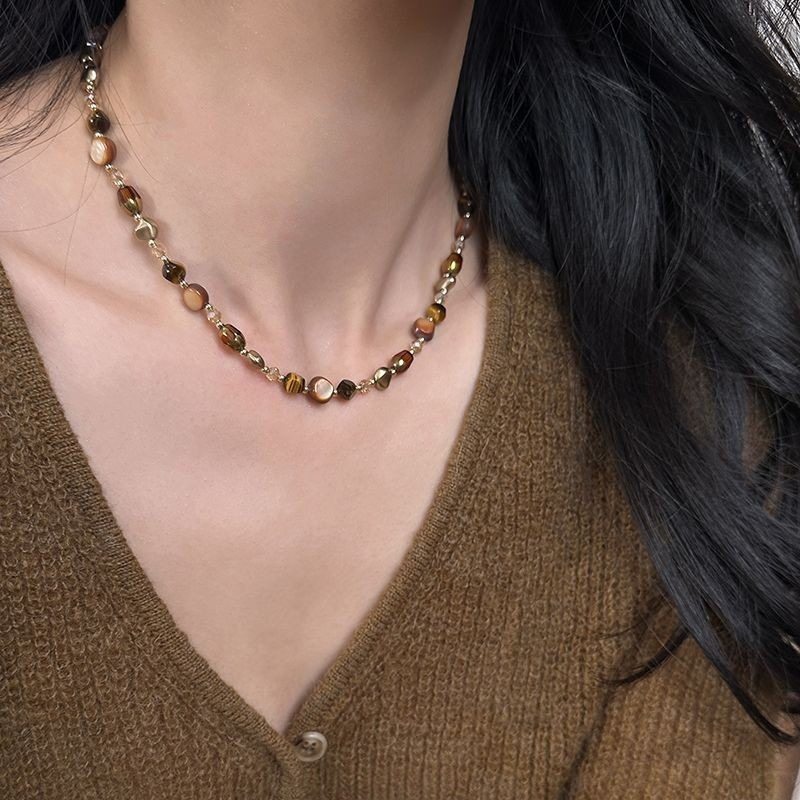 Maillard Natural Stone Tiger Eye Stone Brown Pearl Beaded Necklace High-End Women's 2025 Autumn and Winter New Sweater Chain