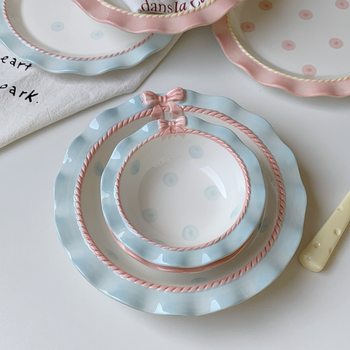Underglaze Polka Dot Bowl, Cute Bow Lace Round Bowl, Afternoon Tea Photo Tableware, Popular Girly Heart Yogurt Bowl