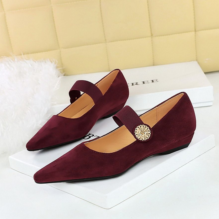 Giày Búp Bê Nỉ Chiều Cao Đế Khoảng 3cm Quai Ngang Trang Trí Màu Đỏ Rượu Vang, Nâu, Đen