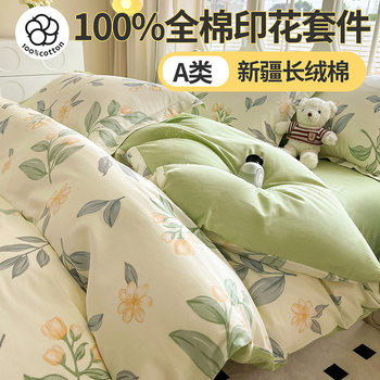 Category a Maternal and Infant Grade 100 Cotton Printed Four-Piece Set Double Cotton Set Student Dormitory Bed Bed Sheets Quilt Cover Three-Piece Set