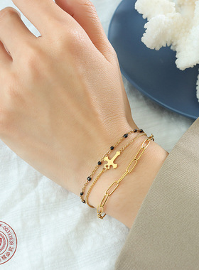 欧美ins饰品bracelet三层叠戴十字架手链钛钢18k金闺蜜手饰 E094