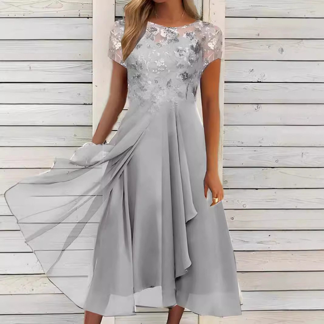 Chiffon Maxi Dress with Sequin Print Round Neckline Elegant Evening Wear Available in Multiple Colors and Sizes