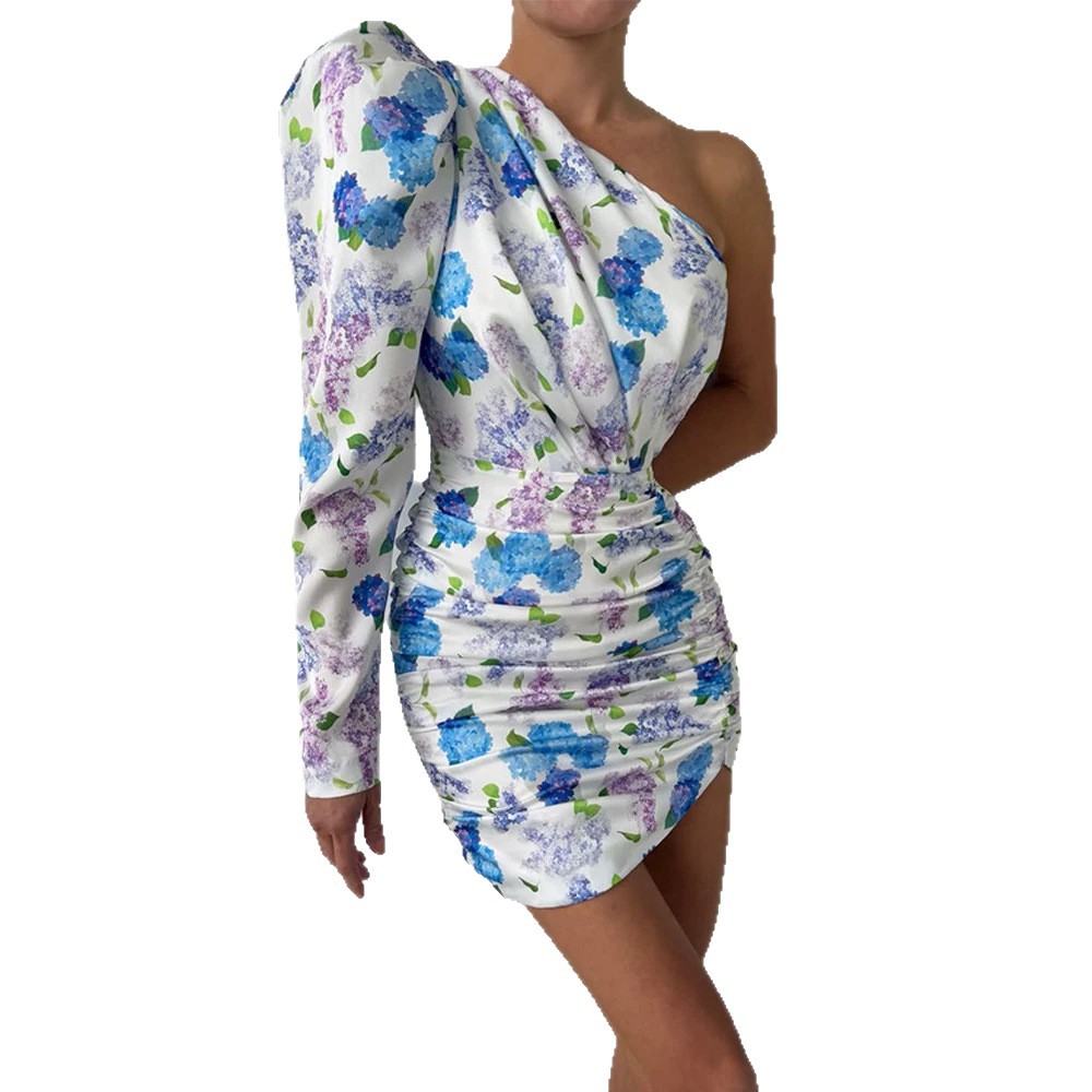 One Shoulder Floral Print Dress Slim Fit Asymmetrical Neckline Fresh Design Perfect for Parties and Special Occasions