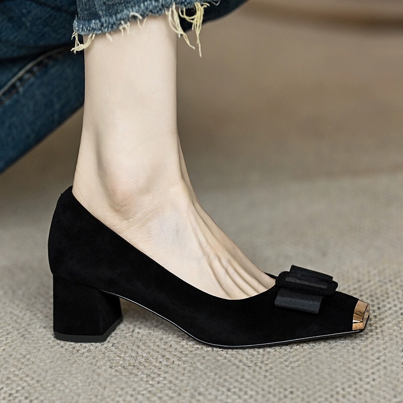 Giày búp bê nữ mũi vuông gót vuông đính nơ phong cách cổ điển — Màu đen, Màu nâu