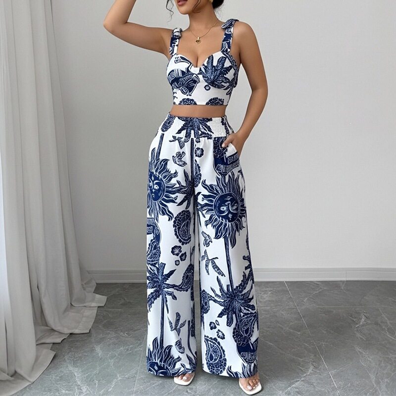 Womens Casual Plant Print Vest and Wide Leg Pants Set Spring Collection Vacation Wear Wholesale Available