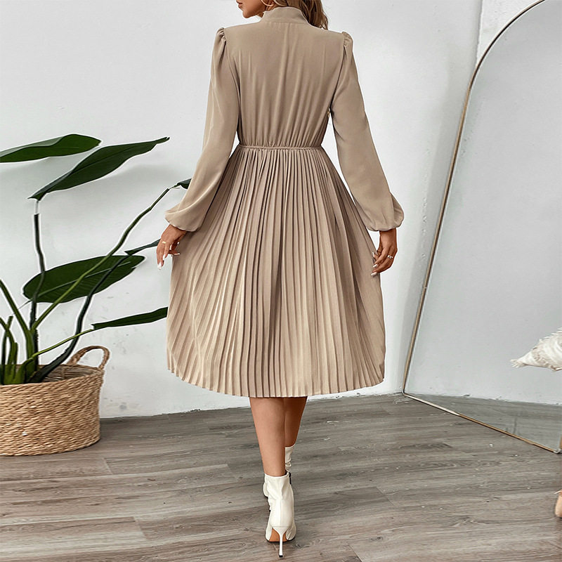 Chic Pleated Dress Bow Tie Neck Puff Sleeves Solid Color Office Wear or Casual Events OEM Available