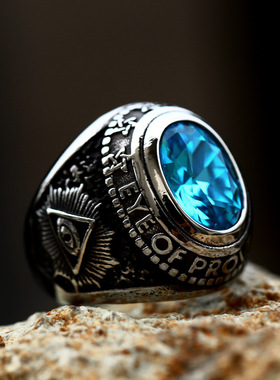 时尚荷鲁斯之眼公羊钛钢戒指镶嵌锆石复古共济会霸气宽版潮人指环