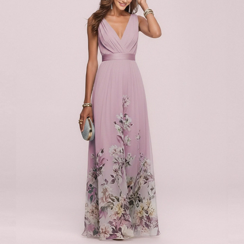Elegant Floral V Neck Maxi Dress Summer Collection Waist Defined Comfortable Fabric Perfect for Casual or Formal