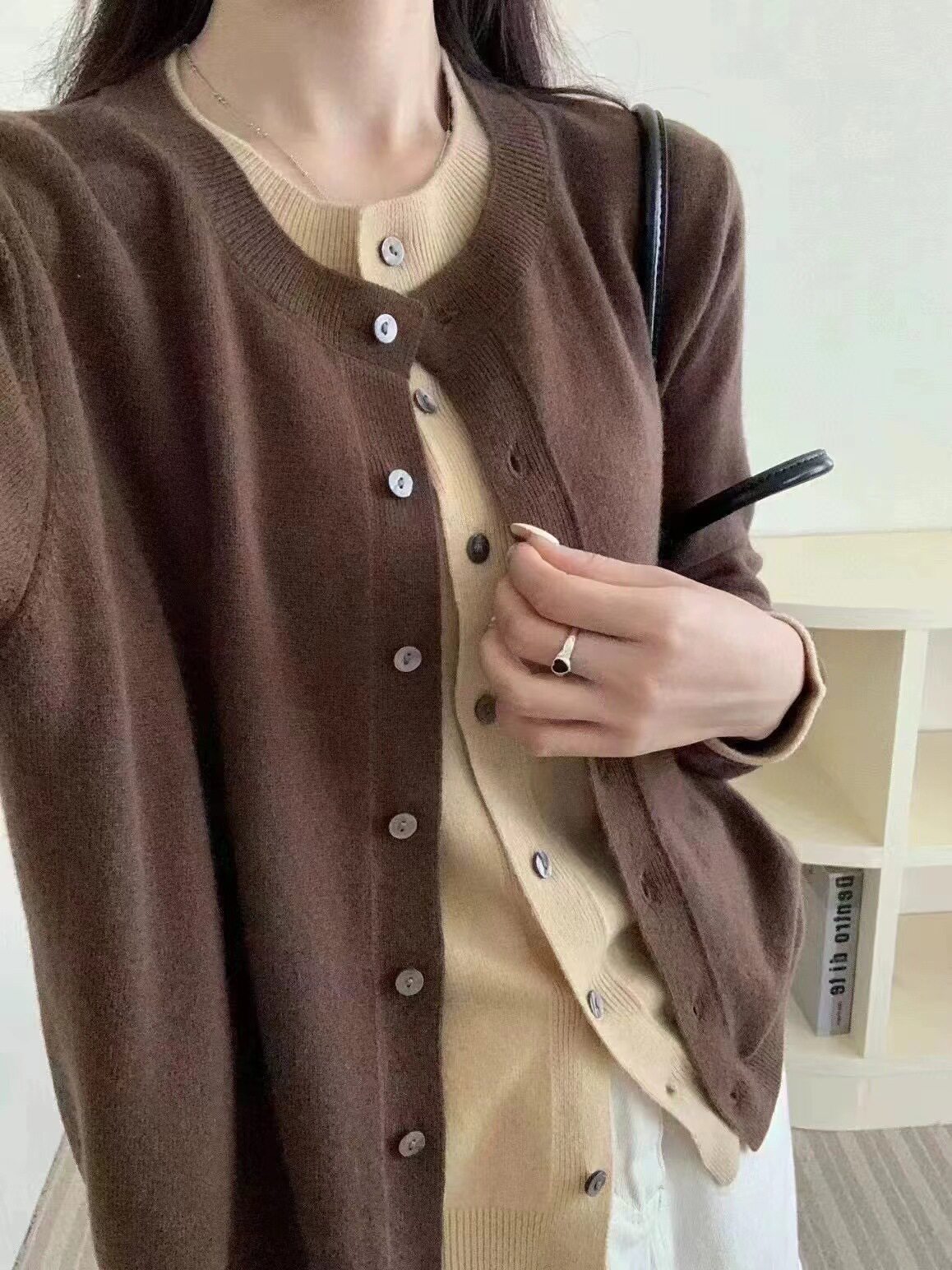 100%美丽诺羊毛开衫女秋冬灰色假两件针织衫高级感老钱风毛衣外套