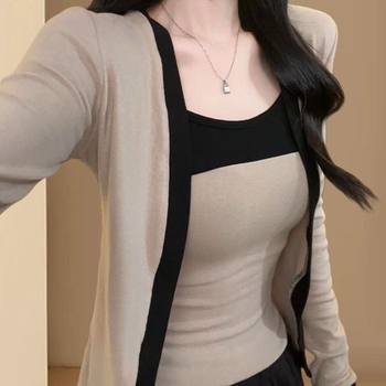 Pure Lust Style Tube Top Contrasting Color Camisole Spring and Autumn Two-Piece New Long-Sleeved Slimming Cardigan Suit