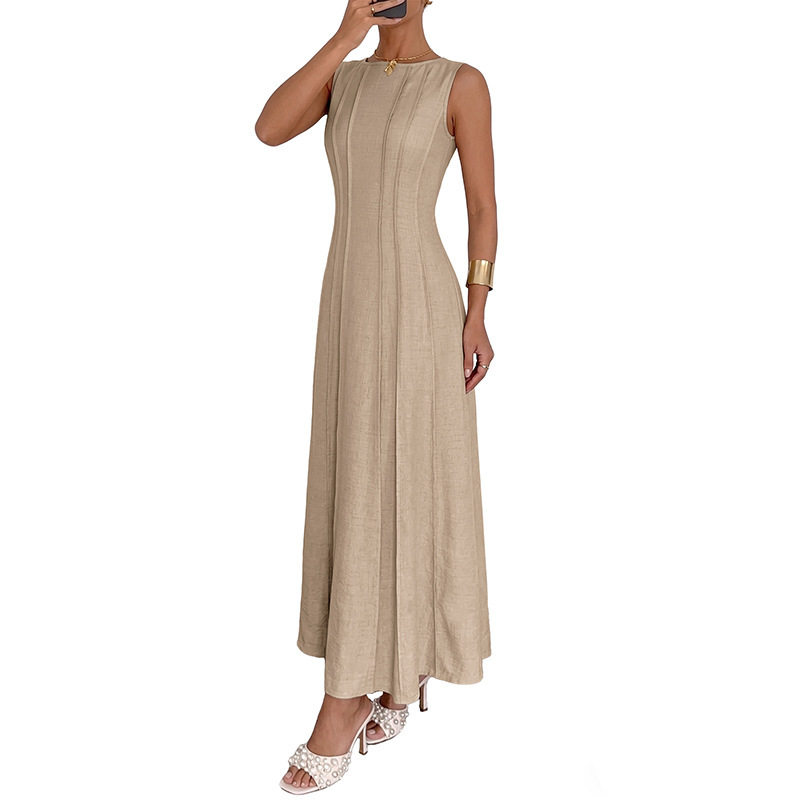 Sleeveless A Line Dress Solid Color Waist Defining Minimalist Design Summer Casual Wear Wholesale Available