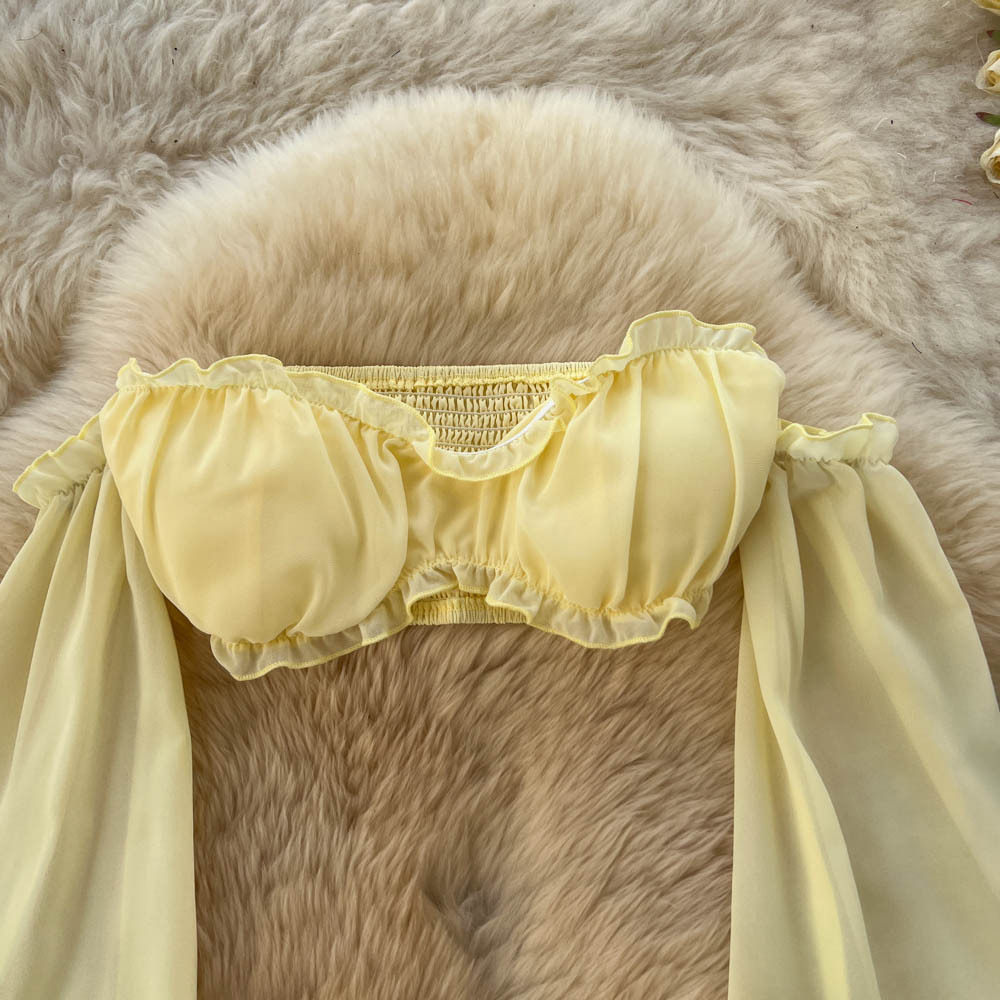 Off Shoulder Crop Top and High Waisted Ruffle Skirt Set Chiffon Fabric Vacation Style Trendy Look Wholesale Available