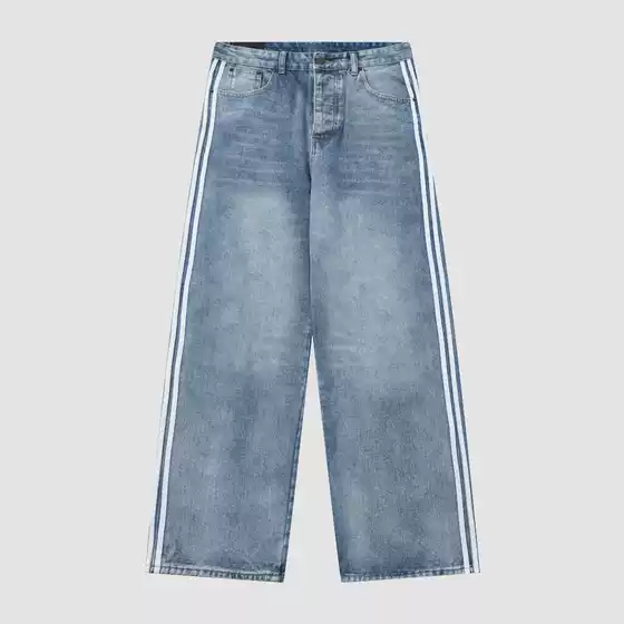 Side Three Bar Loose Straight Jeans Trousers Unisex