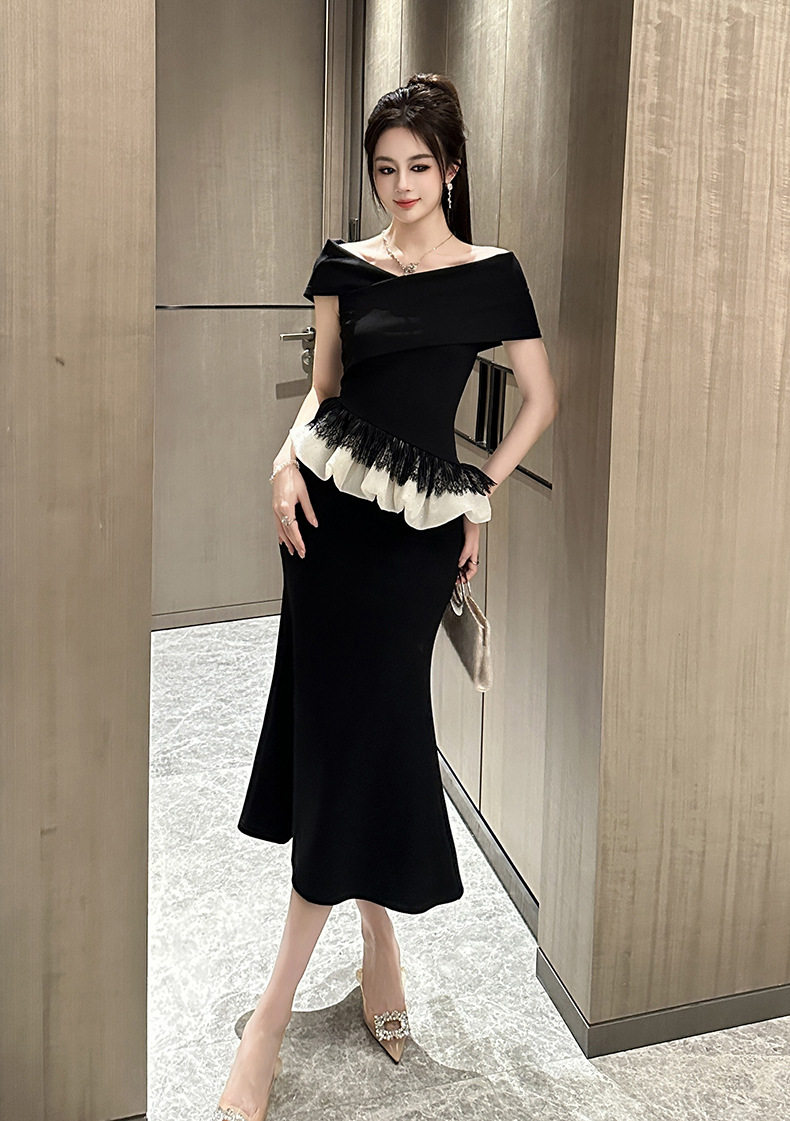 Đầm ôm body nữ cổ yếm tay ngắn, thiết kế nhấn eo, dáng dài — [Đen] chi tiết 6