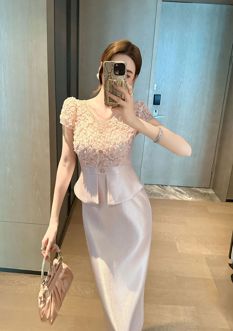 Đầm ren hè nữ cổ V ôm body tay ngắn — [Xám băng], [Hồng đào] chi tiết 11