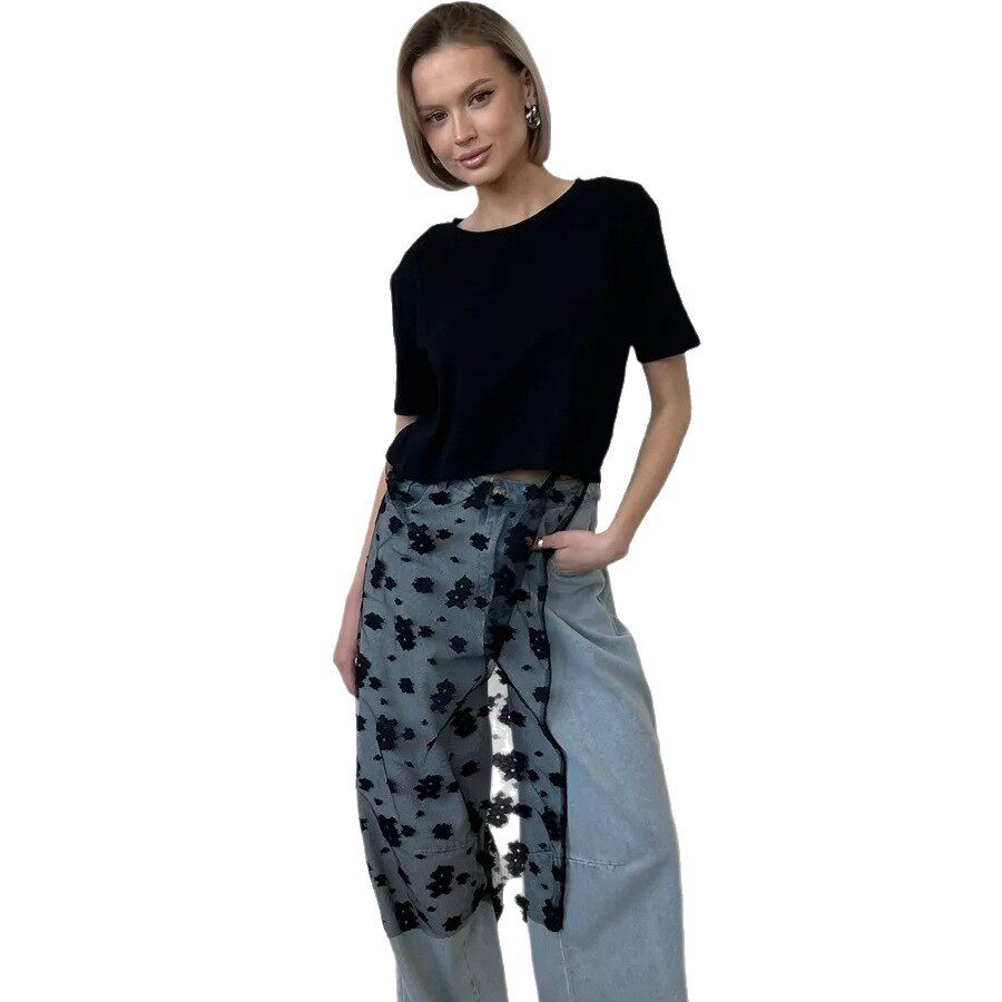 Loose Fit Womens T Shirt 3D Camellia Design Mesh Fabric Short Sleeve Cotton Casual Wear for Spring Summer
