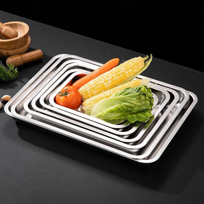 Stainless Steel Plate Thickened Stainless Steel Tray Commercial Grilled Fish Plate Canteen Steaming Rice Plate Household Stainless Steel Square Plate Wholesale