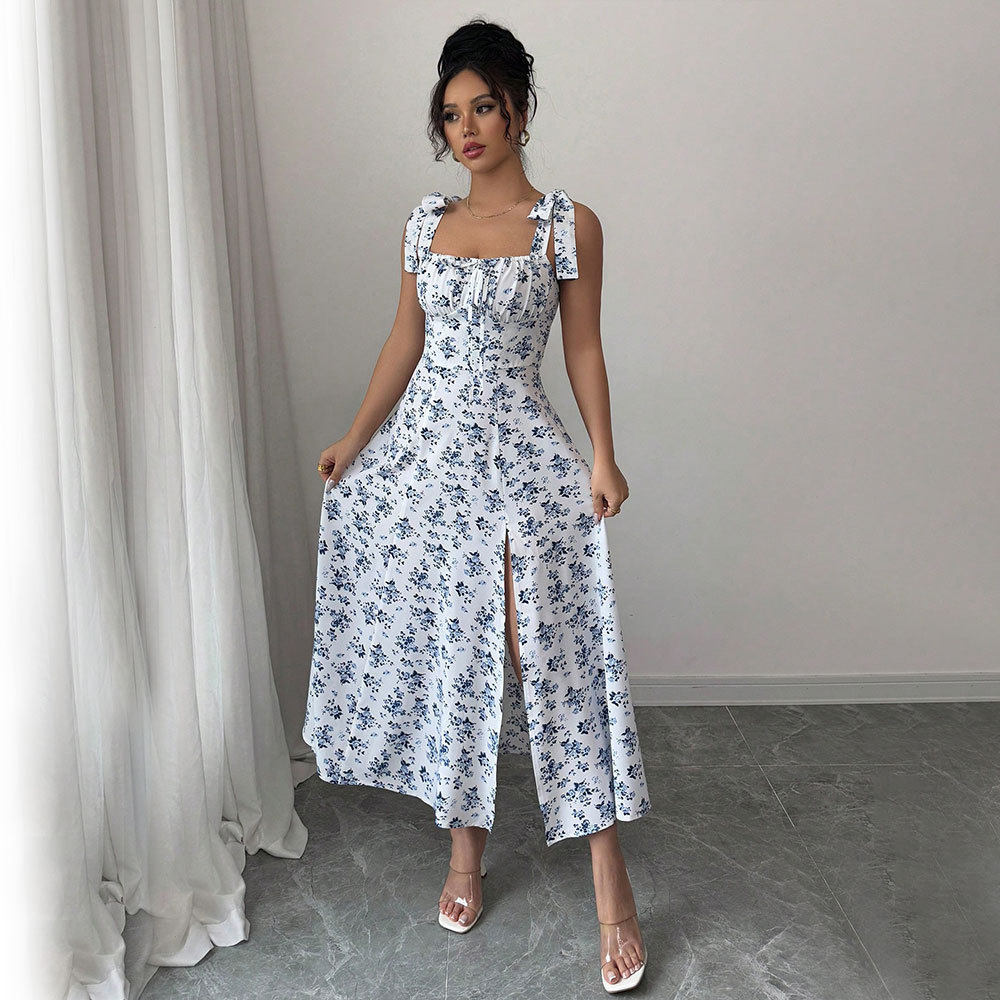 Sweet Floral Print Maxi Dress Square Neck Sleeveless High Slit Summer Casual Wear Wholesale Available