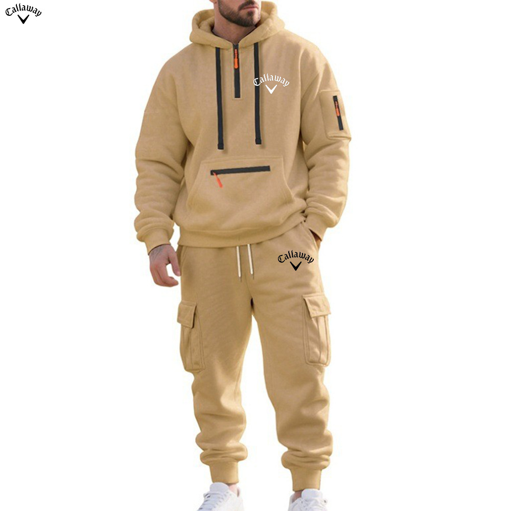 2025跨境男装亚马逊冬季加绒男士休闲套装宽松运动多口袋工装套装