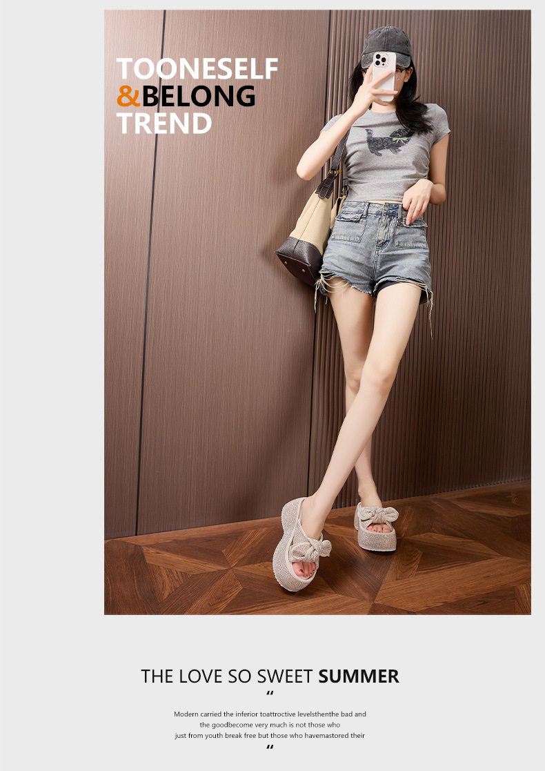 Dép sandal nữ quai chữ V nơ trang trí đế chống trượt mùa hè — Len tinh khiết, Đen chi tiết 11