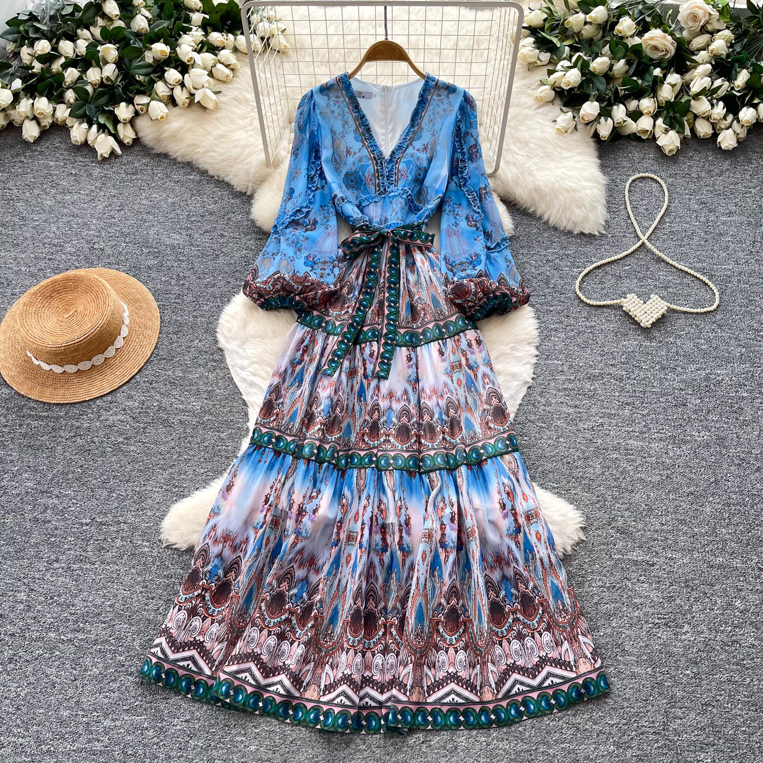 Bohemian Floral Maxi Dress for Women V Neck Long Sleeve Waist Tie A Line Silhouette Elegant Vacation Style