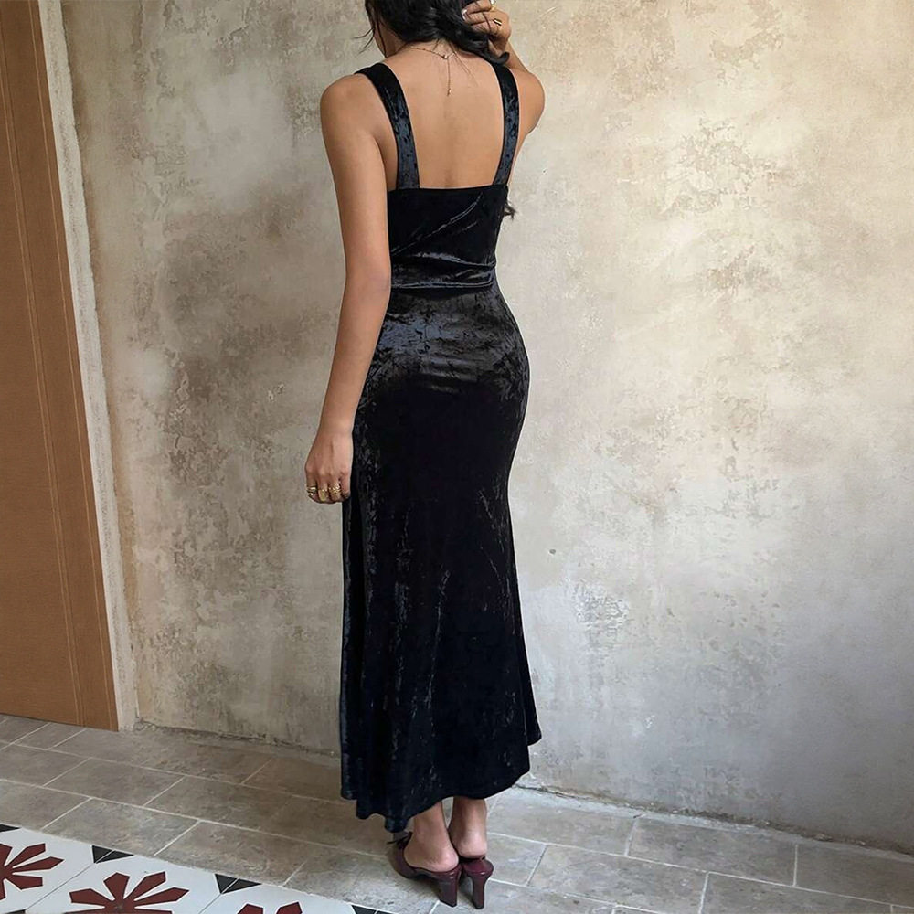 French Romantic Velvet Lace V Neck Sleeveless Mermaid Dress Bodycon Fit Elegant Design Perfect for Evening Events OEM