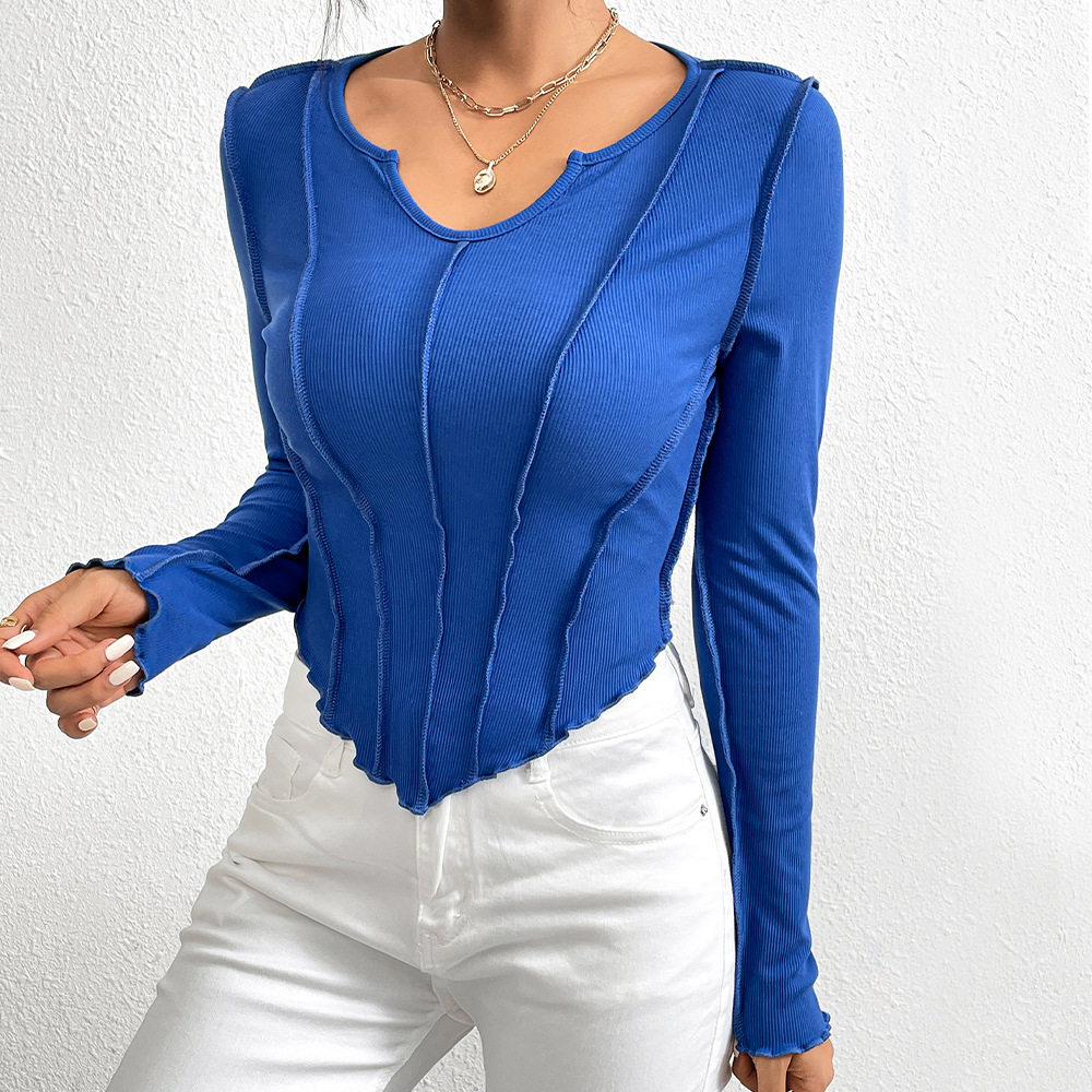 Womens Knit Long Sleeve T Shirt Slim Fit V Neck Asymmetrical Design Exposed Stitching Winter Fashion Wholesale