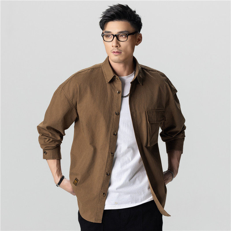 Áo Sơ Mi Nam Cotton Dáng Rộng Phong Cách Retro Màu Xanh Rêu, Nâu, Đen