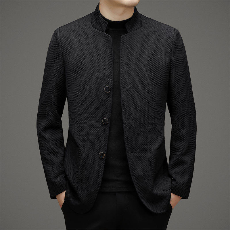Áo Khoác Blazer Nam Cổ Trụ Trung Niên Phong Cách Doanh Nhân Màu Đen, Xám