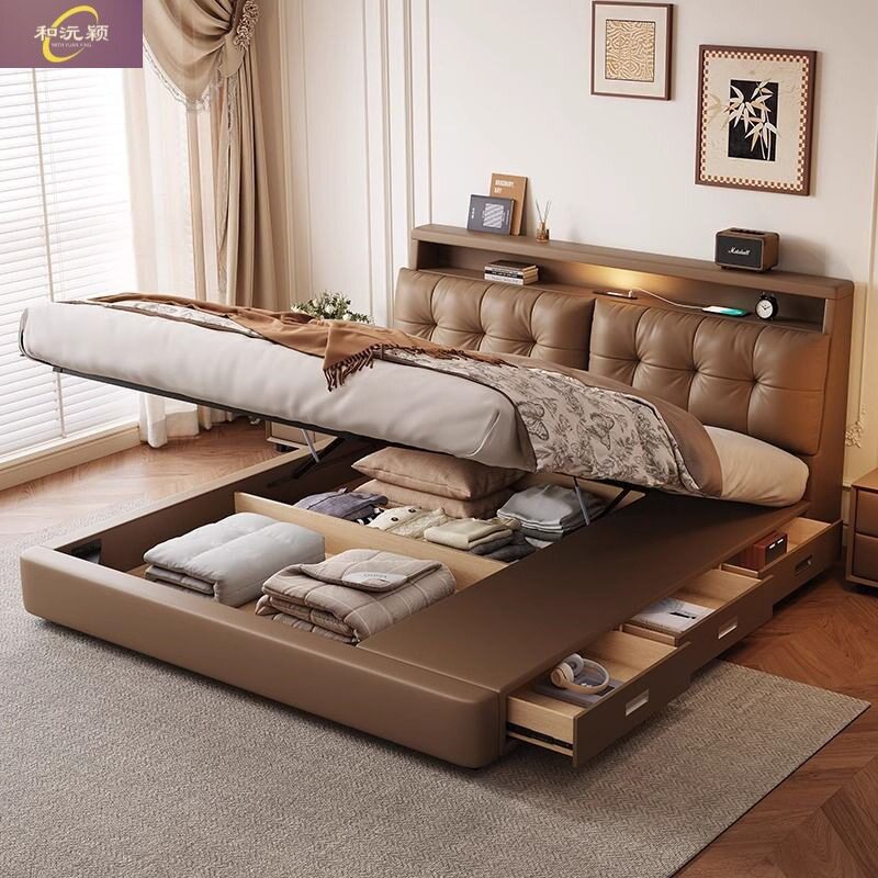 Multifunctional Leather Bed Italian Soft-Packed Double Bed Modern Simple Master Bedroom Large Bed Wedding Bed Rental Room Storage Bed