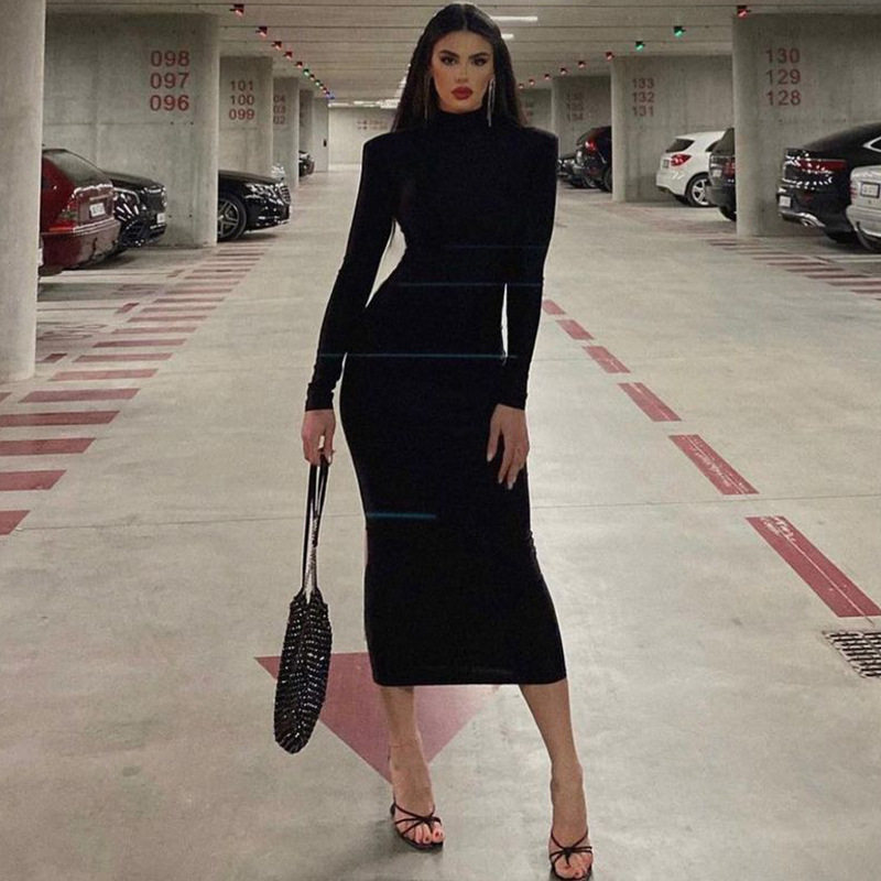 High Neck Long Sleeve Dress Slim Fit Solid Color Fashionable Design Autumn Wear for Women Wholesale Available