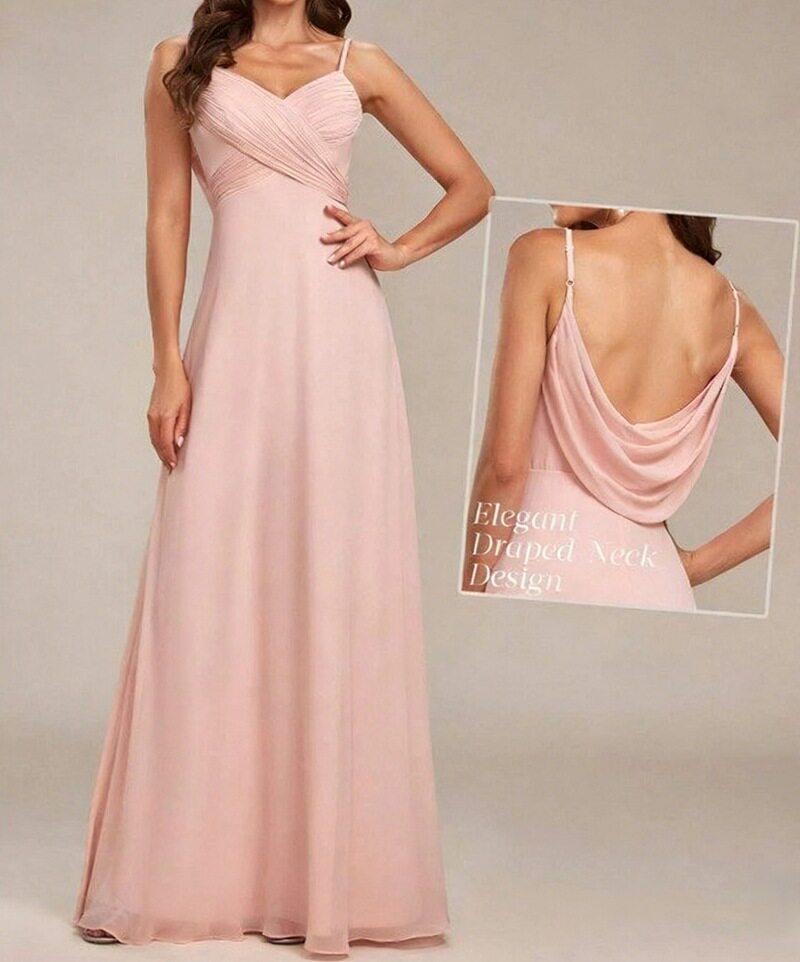 Sleeveless Deep V Neck Chiffon Dress Solid Color Pleated Front Elegant Design Perfect for Parties and Special