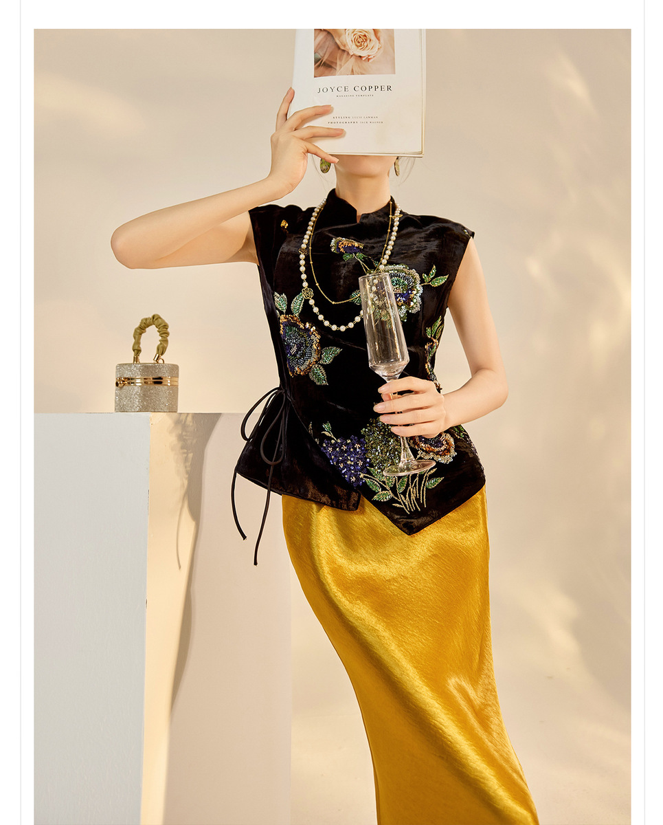 Áo vest nữ dáng gile thêu sequin chất liệu tơ tằm phối polyester — Áo Vest Vàng Đen (Giao Hàng Ngay), Áo Vest Vàng Đen (Giao Hàng Trong 7 Ngày)