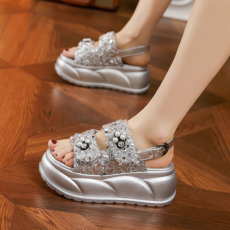 Dép sandal nữ xỏ ngón đế bệt quai Velcro phong cách biển — Đen, Bạc, Len nguyên chất