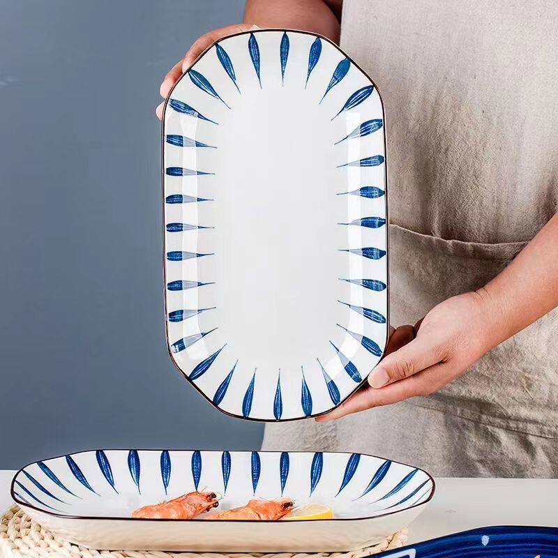 Japanese Underglaze Ceramic Fish Plate Internet Celebrity Household Bowls and Plates Tableware Set New Household Square Plate Special-Shaped Plate