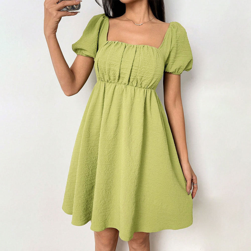 Elegant Summer Dress Sexy Square Neck Puff Sleeves Fitted Waist Perfect for Parties and Casual Outings Wholesale