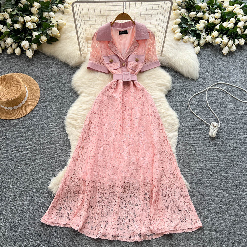 Elegant French Style Short Sleeve Dress for Women Lace Belted Flared Skirt Summer Occasion Wholesale Available