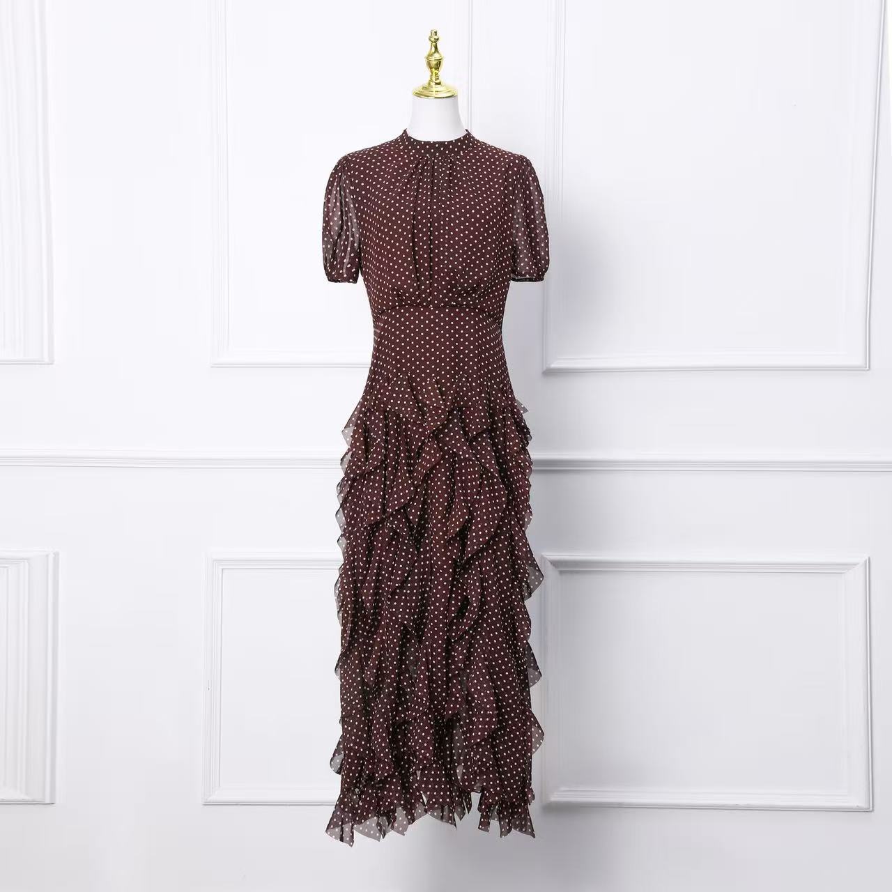 French Court Style Polka Dot Mermaid Maxi Dress Ruffled Hem Waist Defining Scarf Collar Elegant Evening Wear