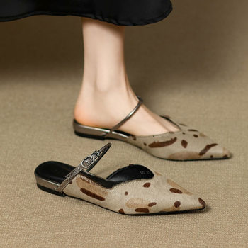 2025 Autumn Pointed Toe Leopard Print Closed-Toe Sandals for Women, Flat Fashion One-Strap Half Slippers with Open Back Women's Shoes