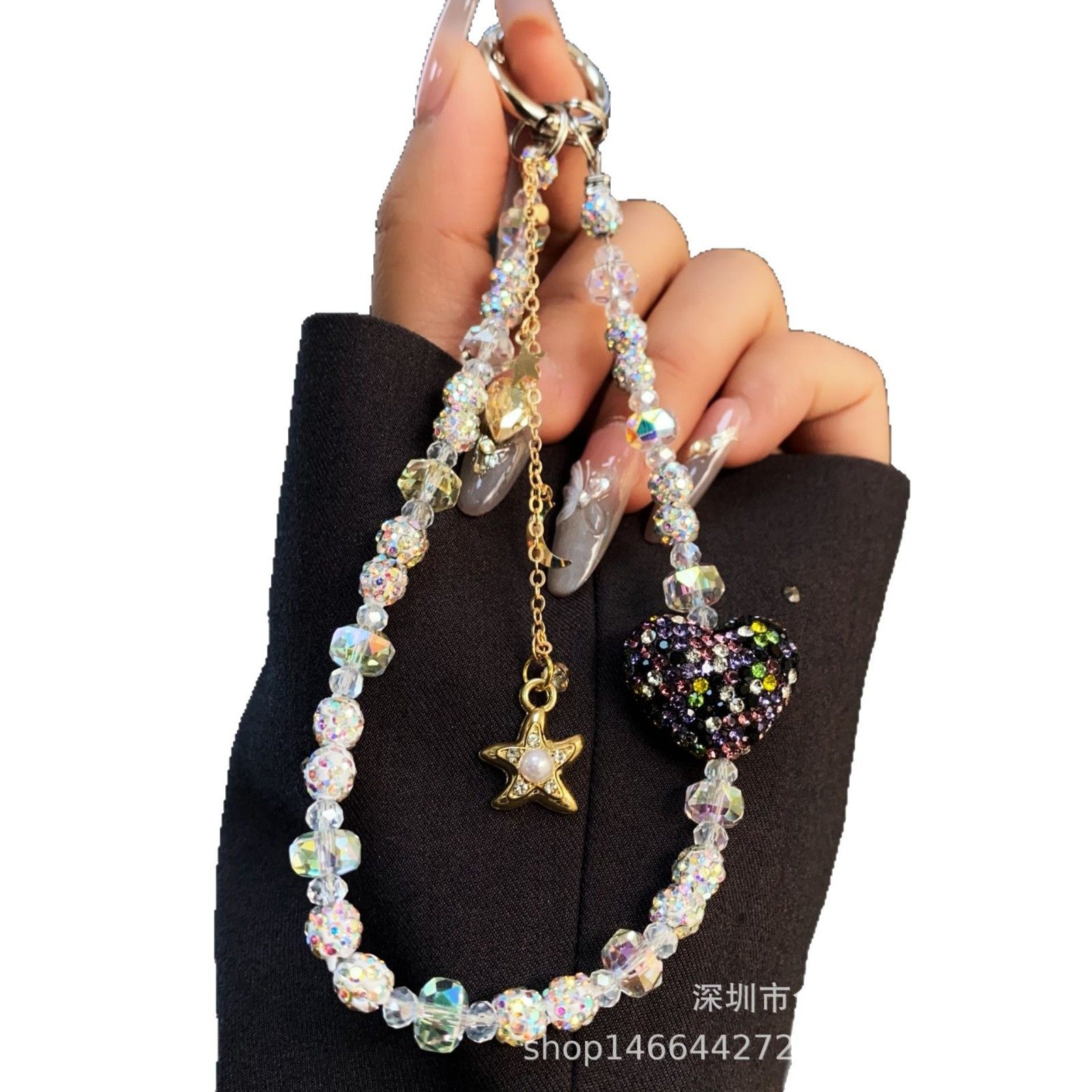 Three-dimensional love rhinestone mobile phone chain high color