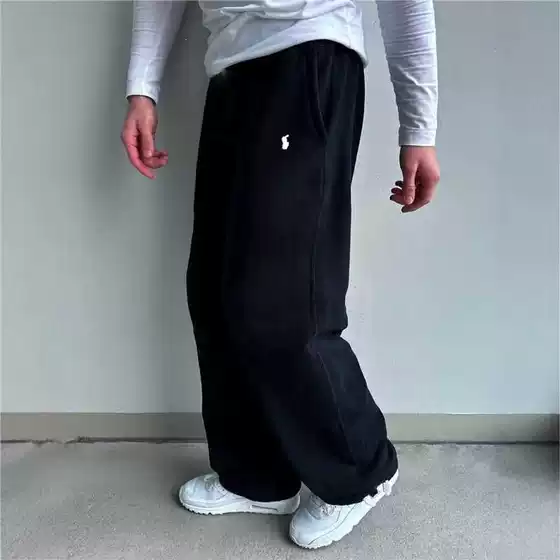 2025 Cross-Border European and American Retro Street Style Men's Hip-Hop New Elastic Waist Pony Embroidery Loose Fleece-Lined Straight Sweatpants