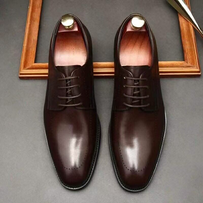 Giày Oxford nam da bò mũi nhọn chạm lỗ brogue phong cách công sở — Đỏ rượu, Nâu vàng, Màu cà phê, cà phê đỏ
