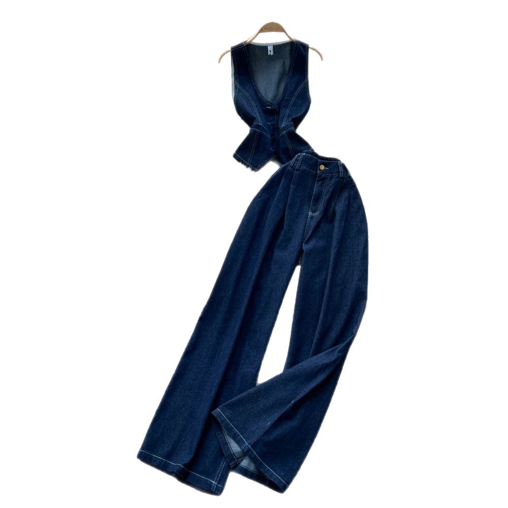 Retro Womens Two Piece Set Deep V Sleeveless Denim Shirt High Waisted Slim Fit Trousers Autumn Fashion Wholesale