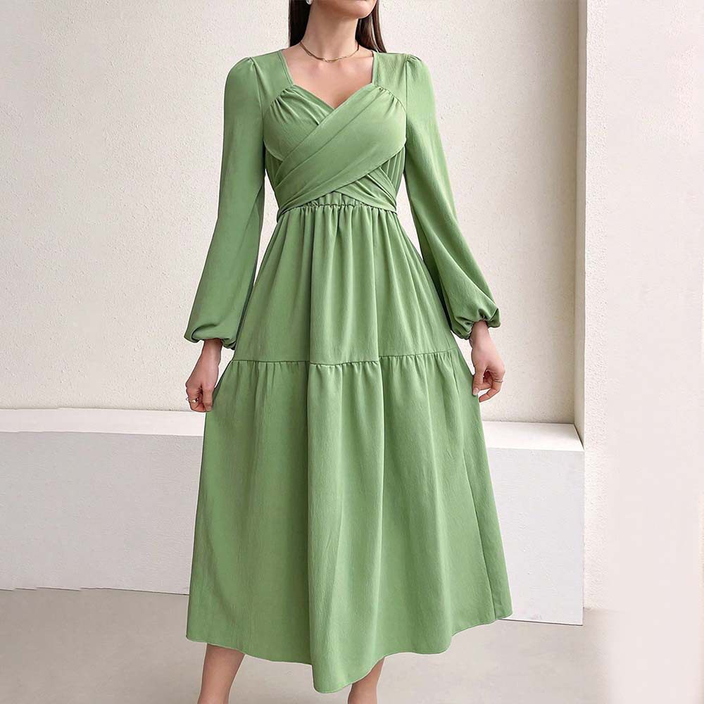 Elegant V Neck Midi Dress Fresh Spring Summer Style Youthful Green Color Wholesale Available OEM ODM service