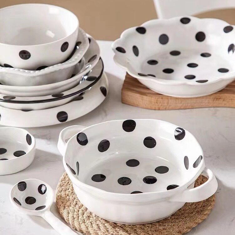 French Retro Polka Dot Underglaze Color Ceramic Tableware Hand Kneading Irregular Art Cake Plate Binaural Baking Plate Salad Bowl