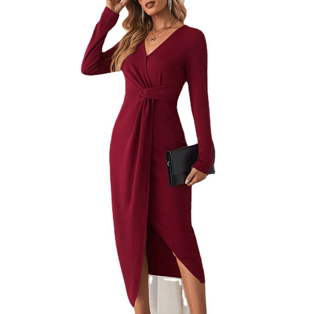 V Neck Midi Dress Elegant Long Sleeve High Slit French Style Perfect for Parties and Events Wholesale Available