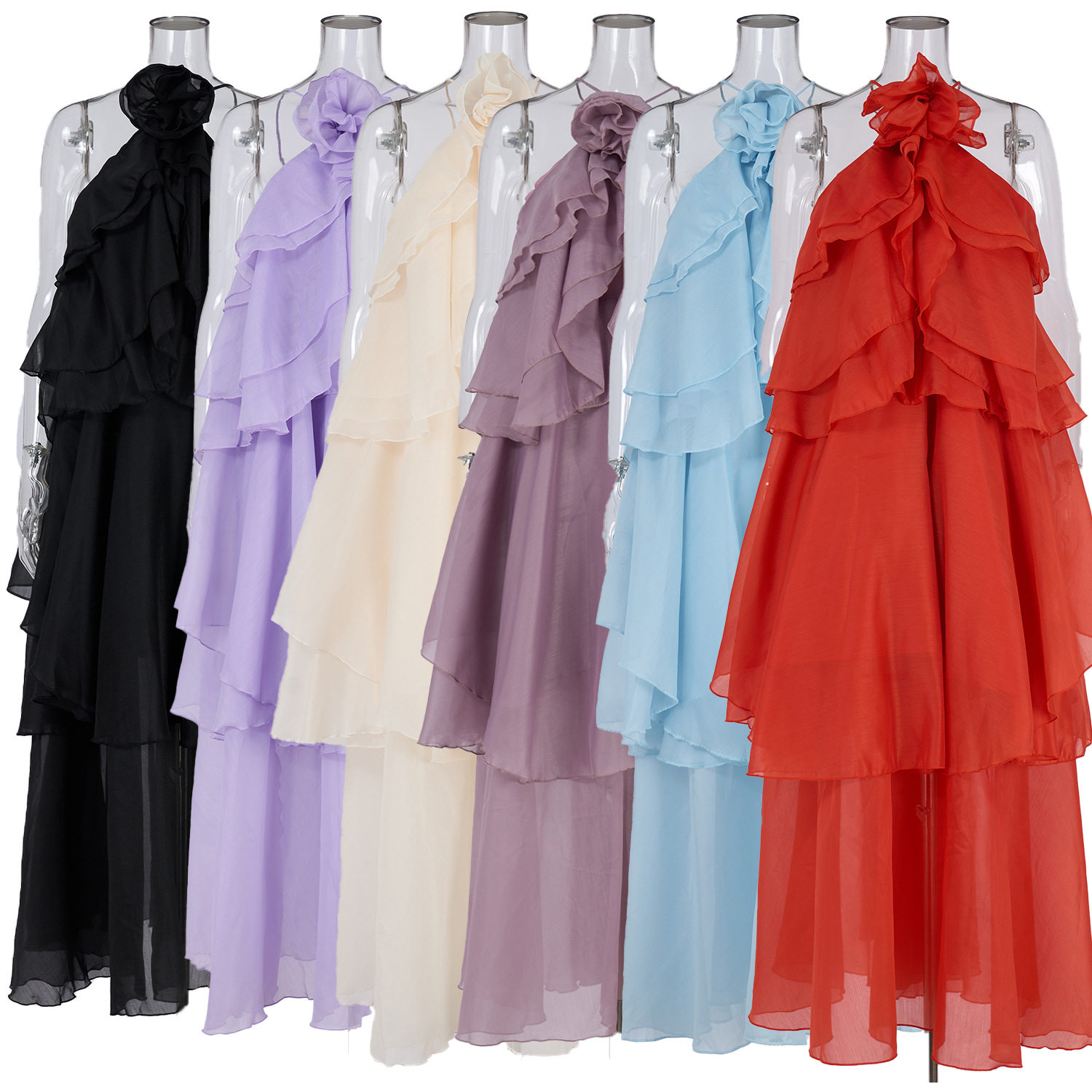 Backless Ruffle Hem Maxi Dress Elegant Floral Embellishments Vacation Style Wholesale Available