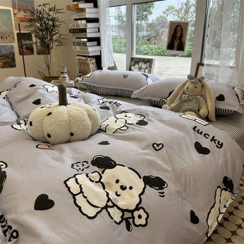 K15Ins Cartoon Gray Puppy Bedding Four-Piece Set Washed Cotton Double-Layer Yarn Quilt Cover Bed Sheetss Student Three-Piece