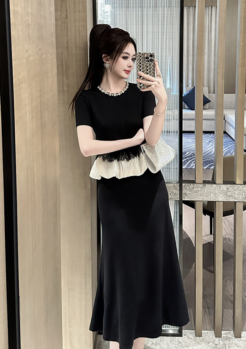 Đầm ôm body nữ cổ tròn tay ngắn phong cách Pháp — [Đen] chi tiết 1
