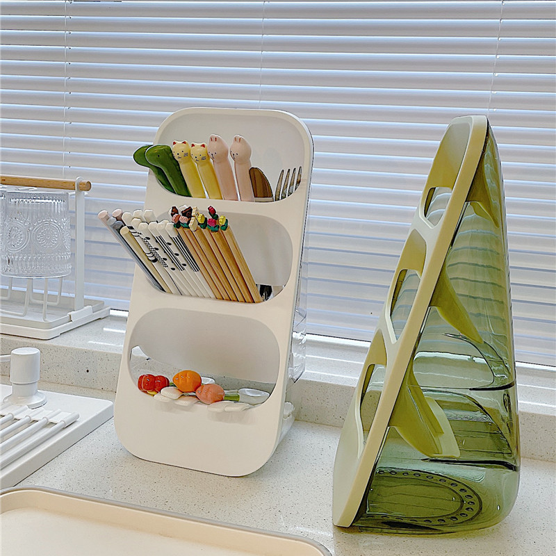New Multifunctional Chopstick Cage Household Draining Three-Layer Oblique Chopstick Barrel Kitchen Spoon Chopstick Storage Rack